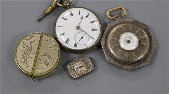 A Victorian silver keywind pocket watch by Simpson, Samuell & Son, two other pocket watches and a marcasite wrist watch.